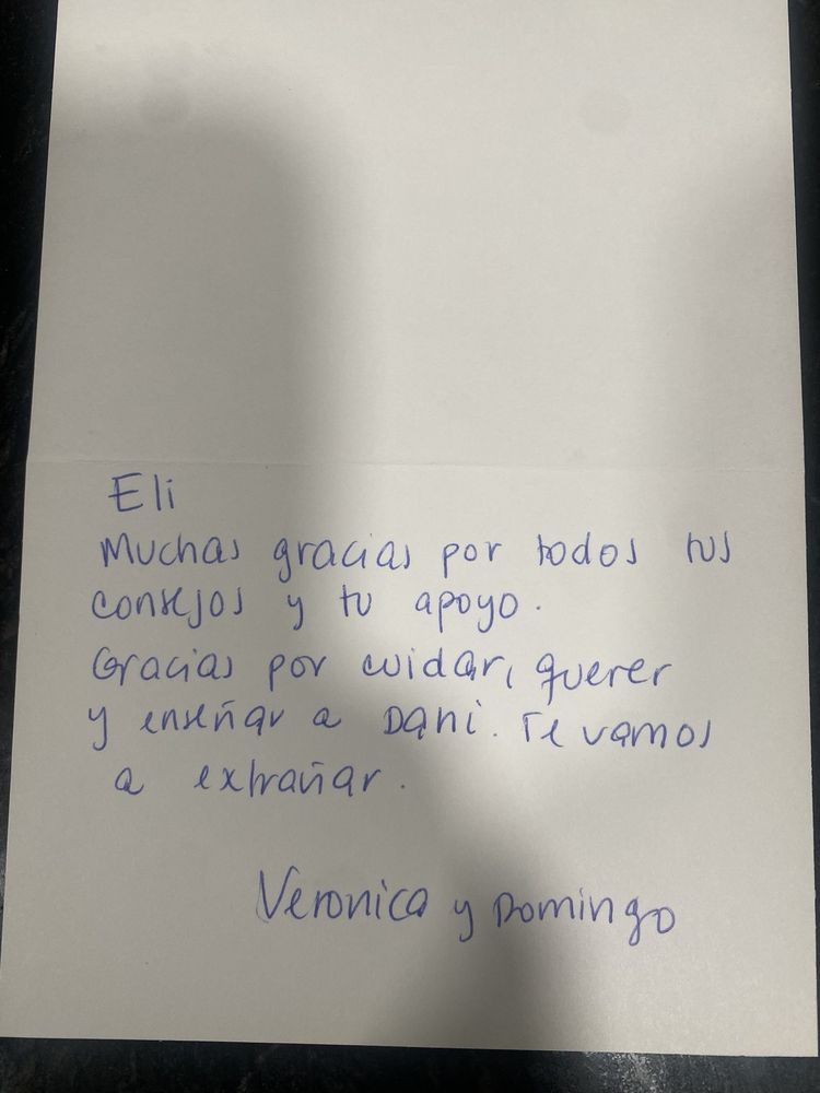 Handwritten thank-you note from a parent